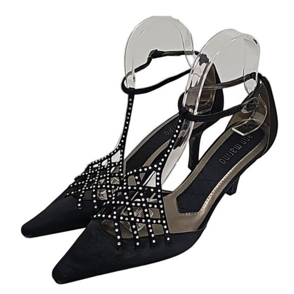 Ann Marino Crystal Trim Pointed Toe Black High Heel Adjustable Ankle Strap 7.5M